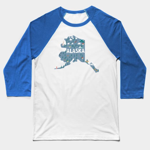 Alaska illustrated map Baseball T-Shirt by JunkyDotCom